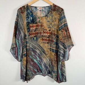 Tianello Natalie Blouse Small Multicolor 100% Silk Abstract BOHO Kimono Sleeve